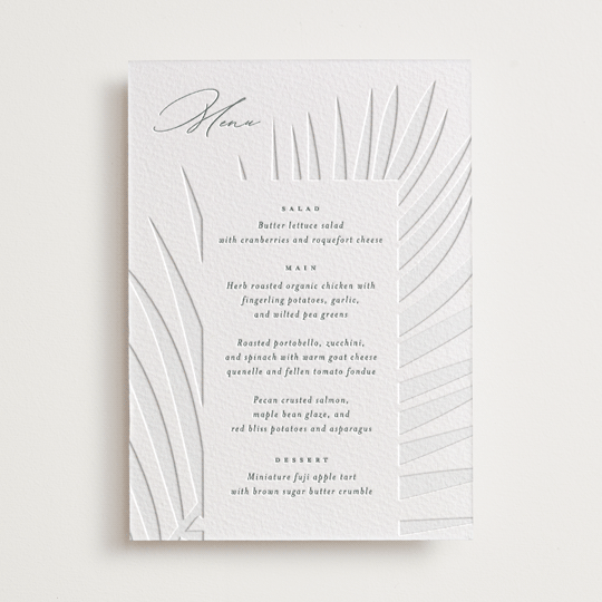 "Faded Palm" - Letterpress Menus in Stone by Lauren Chism - Front