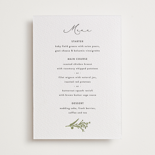 "Gathered" - Letterpress Menus in Pistachio by Susan Moyal - Front