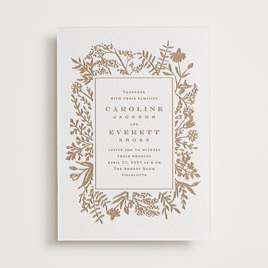"Morning Fields" - Letterpress Wedding Invitations in Matte Gold by Amy Kross - Front