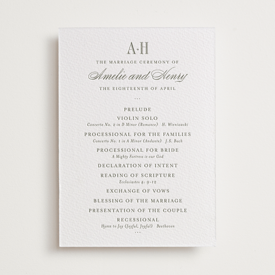 "Hepburn" - Letterpress Wedding Programs in Moss by Megan Davis - Front