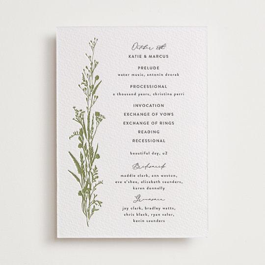 "Gathered" - Letterpress Wedding Programs in Pistachio by Susan Moyal - Front