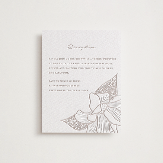 "Botanical Garden" - Letterpress Reception Cards in Dove Grey | Blind Deboss by Kaydi Bishop - Front