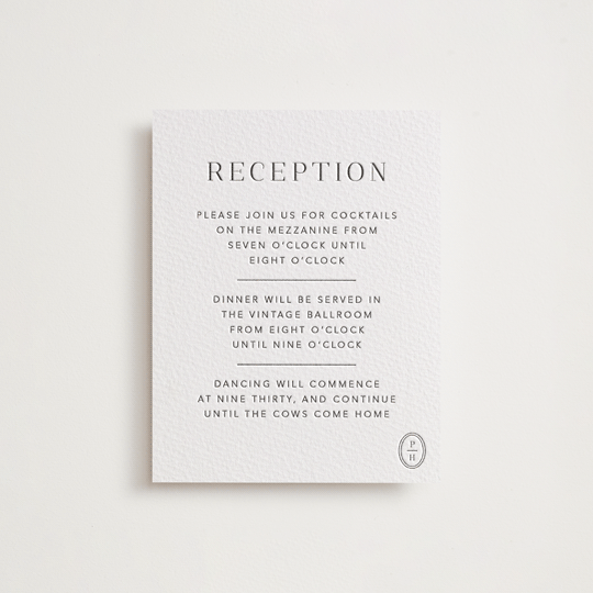 "Cosmopolitan" - Letterpress Reception Cards in Soft Black by Meagan Christensen - Front