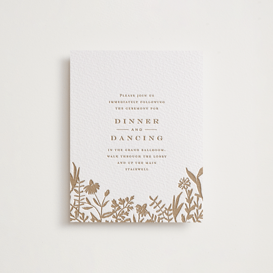 "Morning Fields" - Letterpress Reception Cards in Matte Gold by Amy Kross - Front