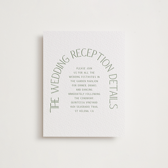 "Romance Arch" - Letterpress Reception Cards in Mint by Angela Thompson - Front