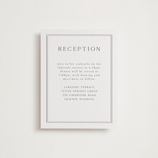 "Formal Serif" - Letterpress Reception Cards in Dove Grey by Nicole Walsh - Front