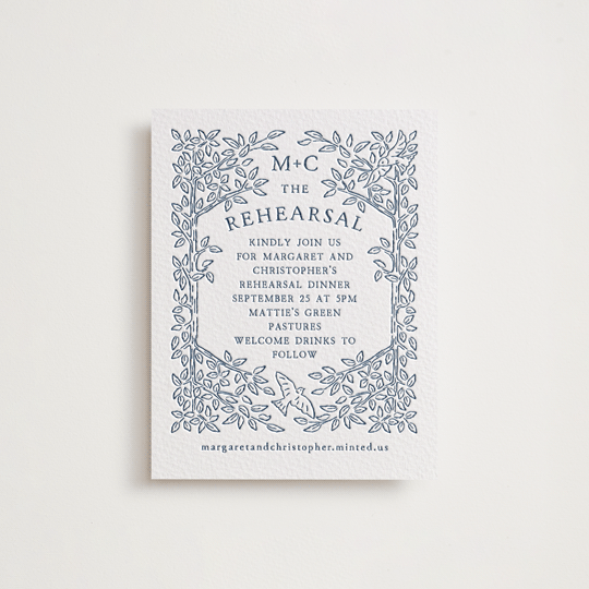 "Whimsical Woodland" - Letterpress Rehearsal Dinner Cards in Indigo by Paper Sun Studio - Front