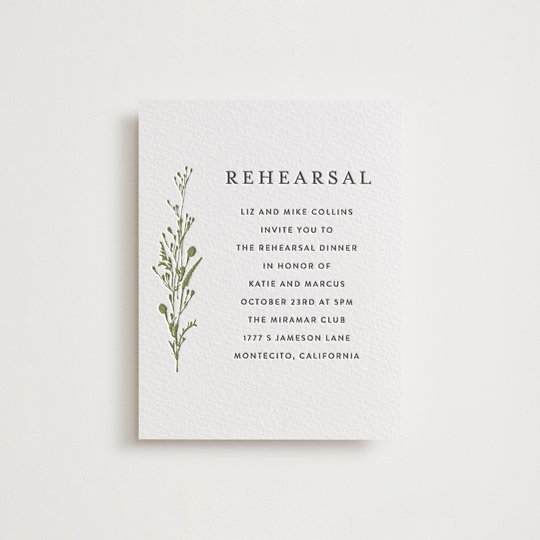 "Gathered" - Letterpress Rehearsal Dinner Cards in Pistachio | Soft Black by Susan Moyal - Front
