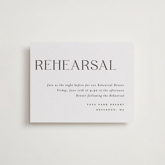 "Bold Names" - Letterpress Rehearsal Dinner Cards in Soft Black by Vera Lim - Front