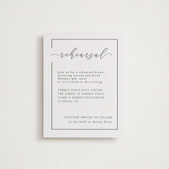 "Asymmetry" - Letterpress Rehearsal Dinner Cards in Pewter by Nicole Walsh - Front