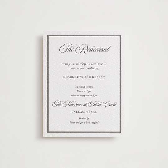 "Lowcountry" - Letterpress Rehearsal Dinner Cards in Graphite by Megan Davis - Front