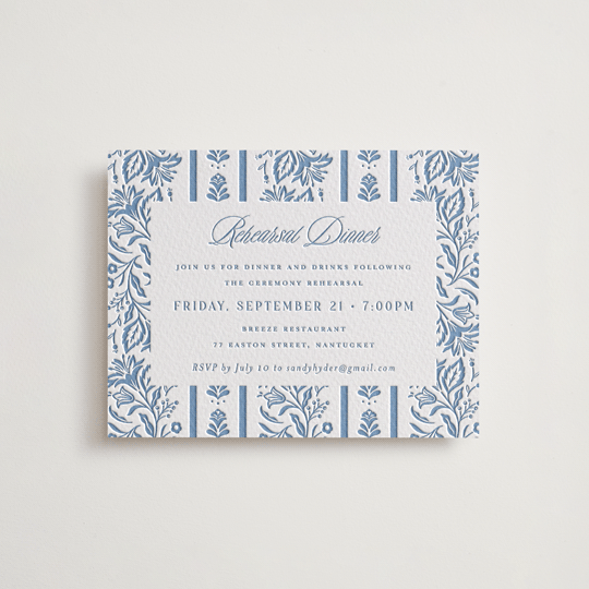 "Sweet Garden" - Letterpress Rehearsal Dinner Cards in Provincial Blue by Erin German - Front