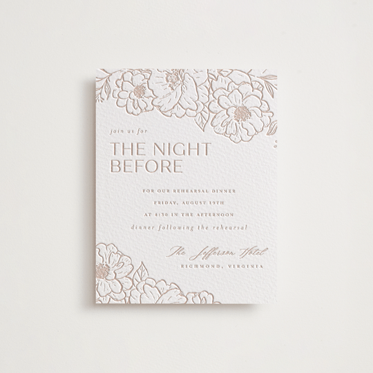 "Camellia.." - Letterpress Rehearsal Dinner Cards in Latte by Vera Lim - Front