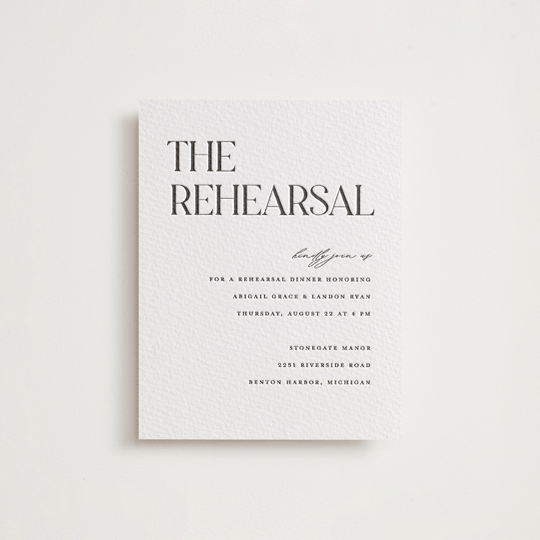 "Tallest" - Letterpress Rehearsal Dinner Cards in Soft Black by Pixel and Hank - Front