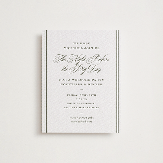 "Putnam" - Letterpress Rehearsal Dinner Cards in Moss by Megan Davis - Front