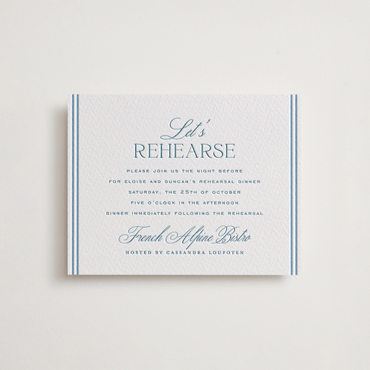 "ricciarelli" - Letterpress Rehearsal Dinner Cards in Denim by chocomocacino - Front