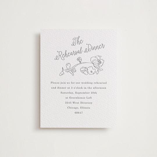 "Note" - Letterpress Rehearsal Dinner Cards in Gravel by Baumbirdy - Front