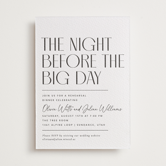 "Modern Stack" - Letterpress Rehearsal Dinner Invitations in Soft Black by Robert and Stella - Front