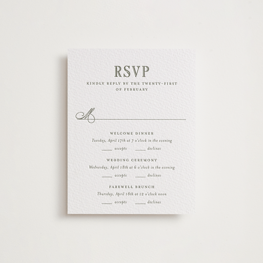 "Hepburn" - Letterpress Multi-Event RSVP Cards in Moss by Megan Davis - Front