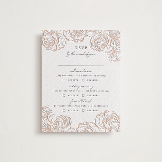 "In Bloom" - Letterpress Multi-Event RSVP Cards in Latte | Gravel by Jennifer Postorino - Front