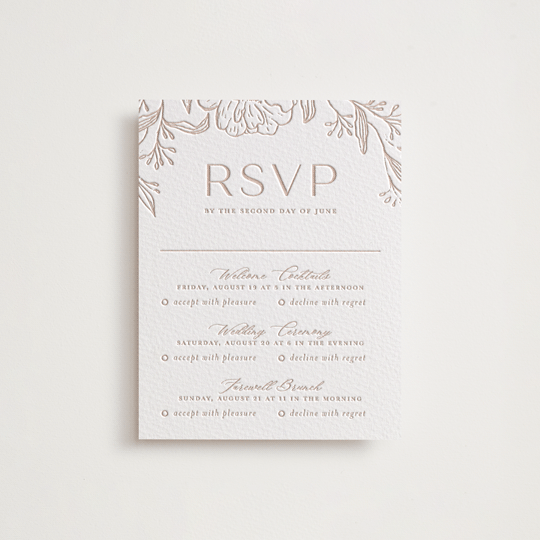 "Camellia.." - Letterpress Multi-Event RSVP Cards in Latte by Vera Lim - Front