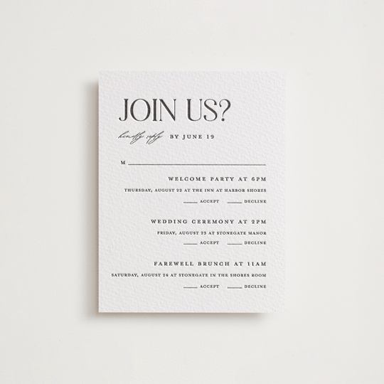 "Tallest" - Letterpress Multi-Event RSVP Cards in Soft Black by Pixel and Hank - Front