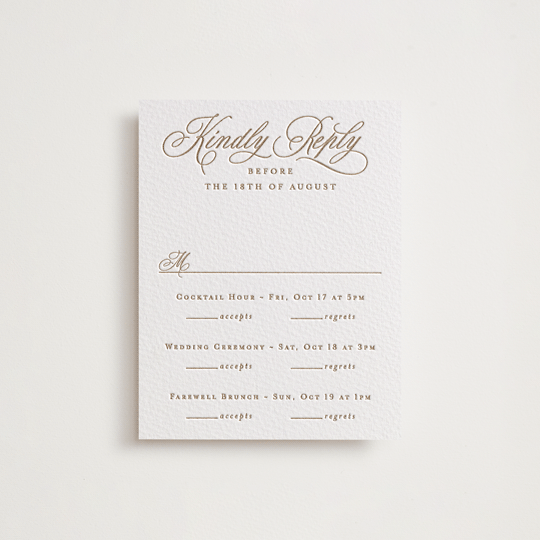 "Vineyard Script" - Letterpress Multi-Event RSVP Cards in Matte Gold by Hooray Creative - Front