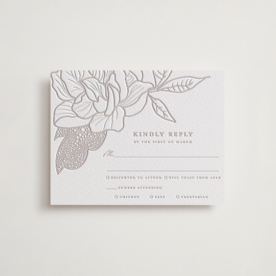 "Botanical Garden" - Letterpress RSVP Cards in Dove Grey | Blind Deboss by Kaydi Bishop - Front