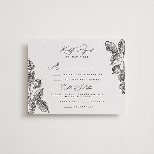 "Etchings of Roses" - Letterpress RSVP Cards in Soft Black by Chris Griffith - Front