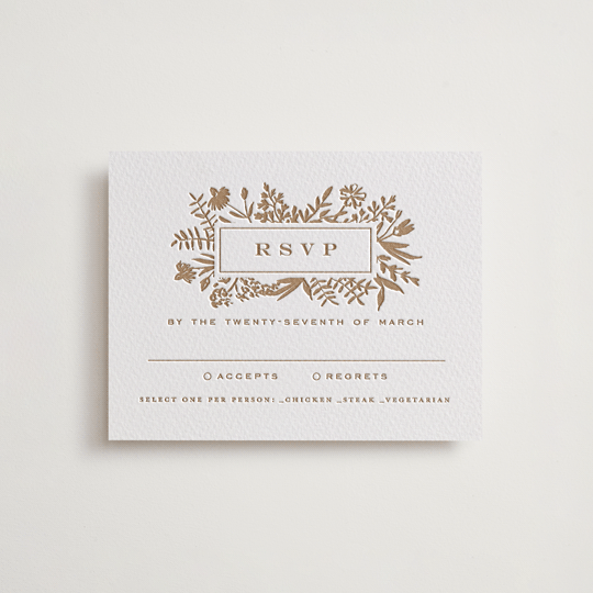 "Morning Fields" - Letterpress RSVP Cards in Matte Gold by Amy Kross - Front