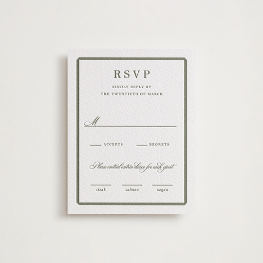 "Bevel" - Letterpress RSVP Cards in Moss by Megan Davis - Front