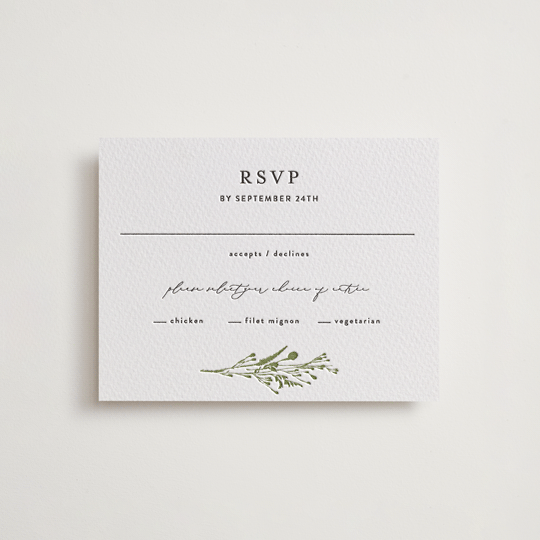 "Gathered" - Letterpress RSVP Cards in Pistachio | Soft Black by Susan Moyal - Front
