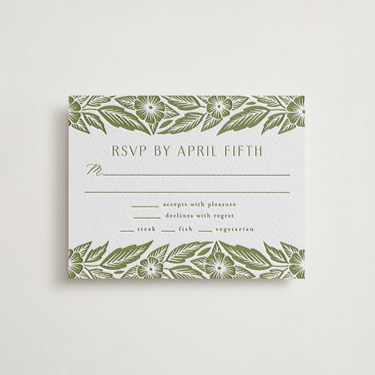 "Printed Floral" - Letterpress RSVP Cards in Pistachio by Katharine Watson - Front