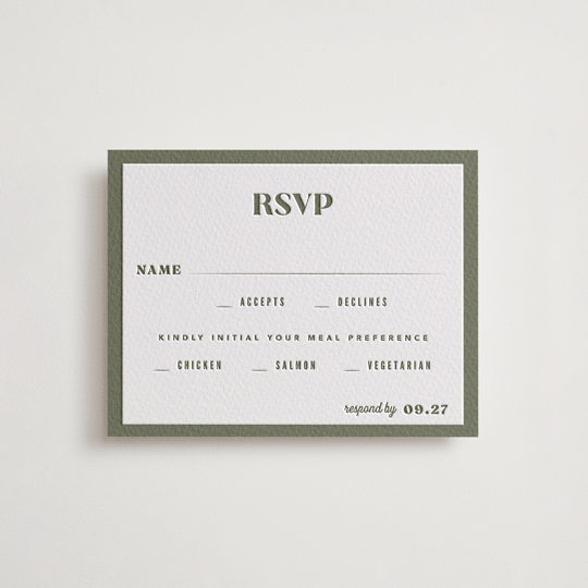 "Sequoia" - Letterpress RSVP Cards in Moss by Robert and Stella - Front