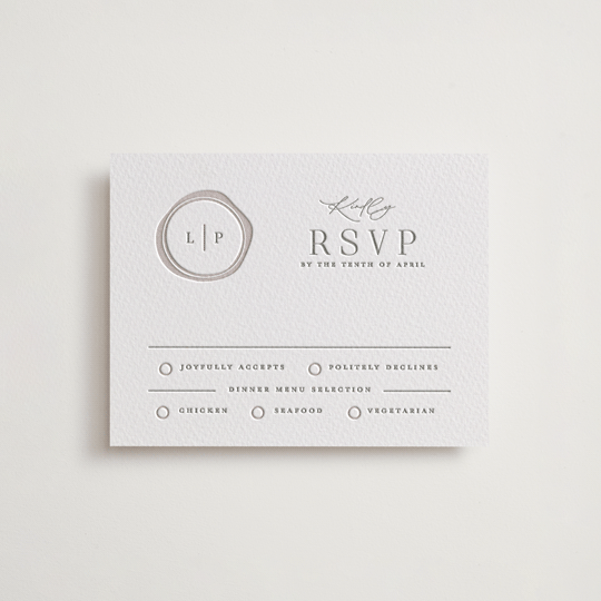 "Wax Seal Monogram" - Letterpress RSVP Cards in Ash by Carolyn MacLaren - Front
