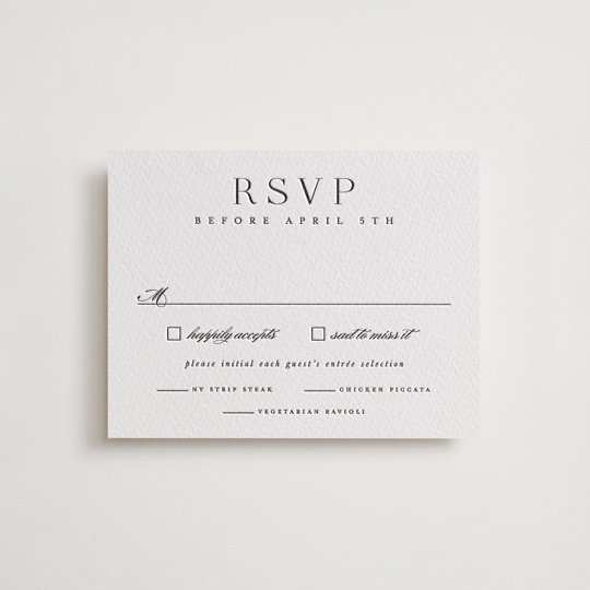 "Classic Serif" - Letterpress RSVP Cards in Soft Black by Hooray Creative - Front