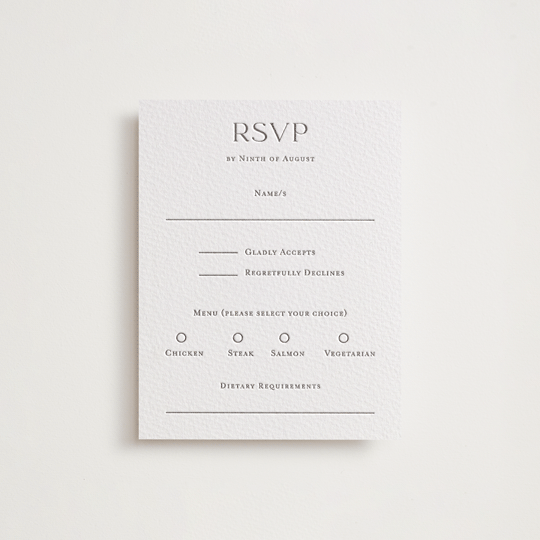 "Mountain Serenity" - Letterpress RSVP Cards in Graphite by Lucrecia Caporale - Front