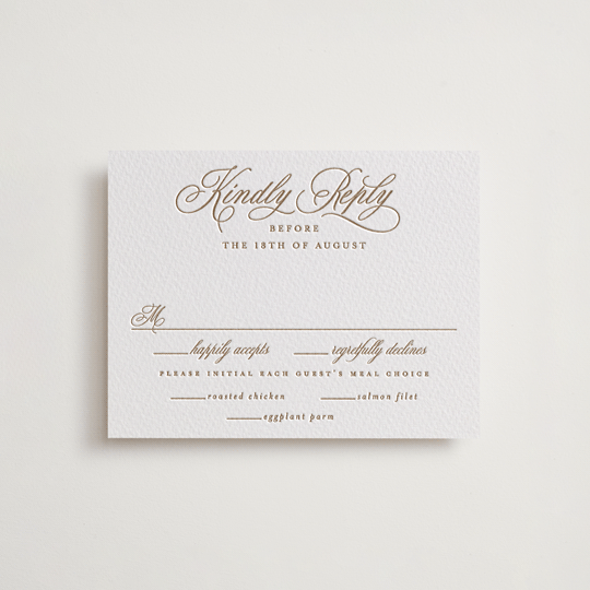 "Vineyard Script" - Letterpress RSVP Cards in Matte Gold by Hooray Creative - Front
