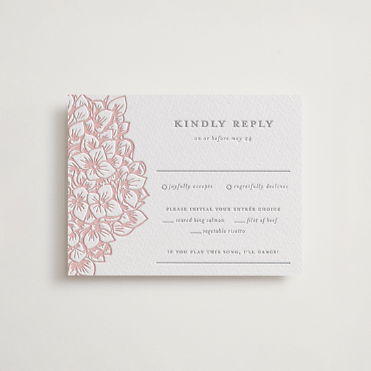 "Hydrangea Blooms" - Letterpress RSVP Cards in Blush by Paula Pecevich - Front