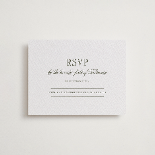"Hepburn" - Letterpress RSVP Online Enclosure Cards in Moss by Megan Davis - Front