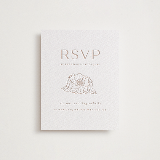 "Camellia.." - Letterpress RSVP Online Enclosure Cards in Latte by Vera Lim - Front