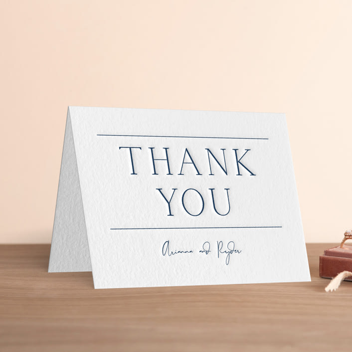 "Refined Tradition" - Letterpress Wedding Thank You Cards in Indigo by Stacey Meacham - Front