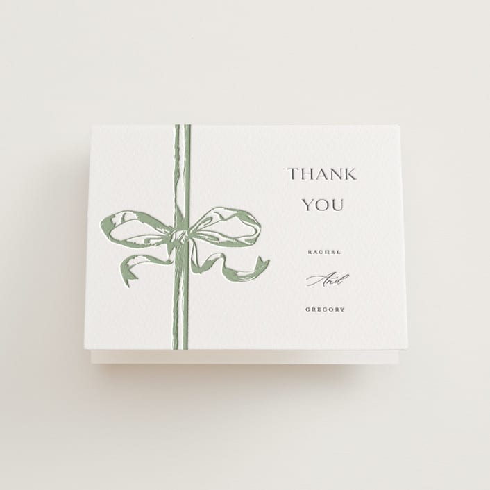 "Big Bow" - Letterpress Wedding Thank You Cards in Mint by Teju Reval - Front