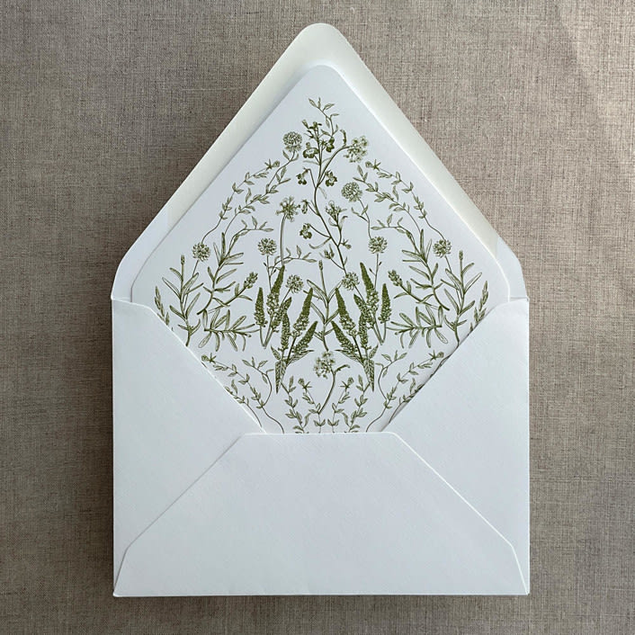 "Moss English botanical garden floral printed liner for A7 euro flap envelope | pack of 10" - Envelope Liners in green by Ivory Invitations