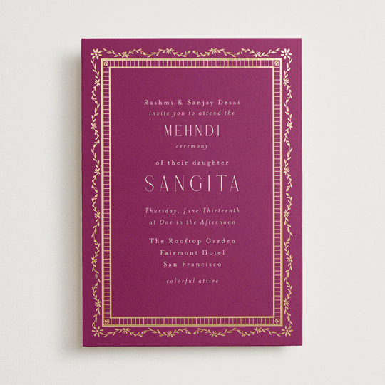 "Amber Palace" - Foil-Pressed Mehndi Invitations in Garnet by Chris Griffith - Front