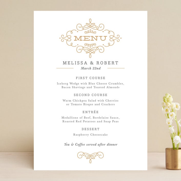 "Ornate Monogram" - Menus in Faux Gold by Kristen Smith - Front