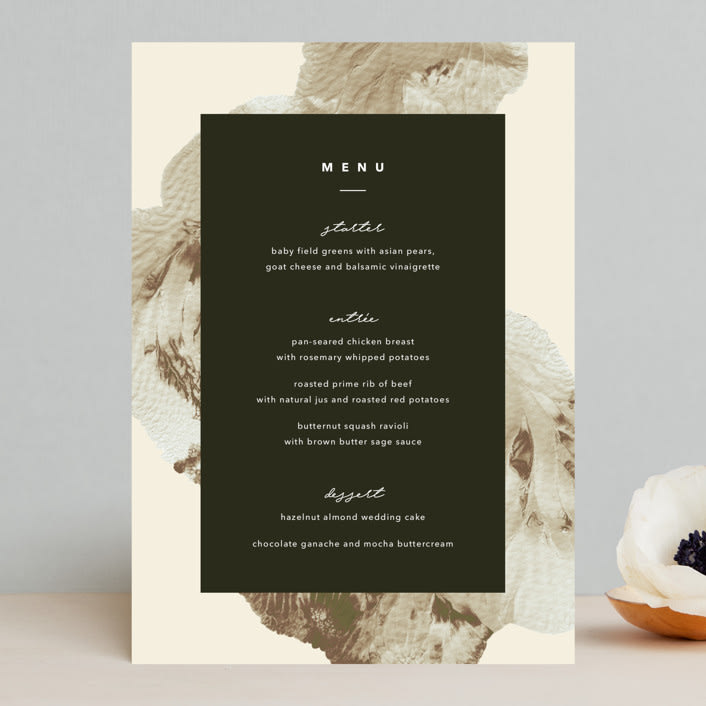 "Organic Elegance" - Menus in Sand by Carrie Moradi - Front