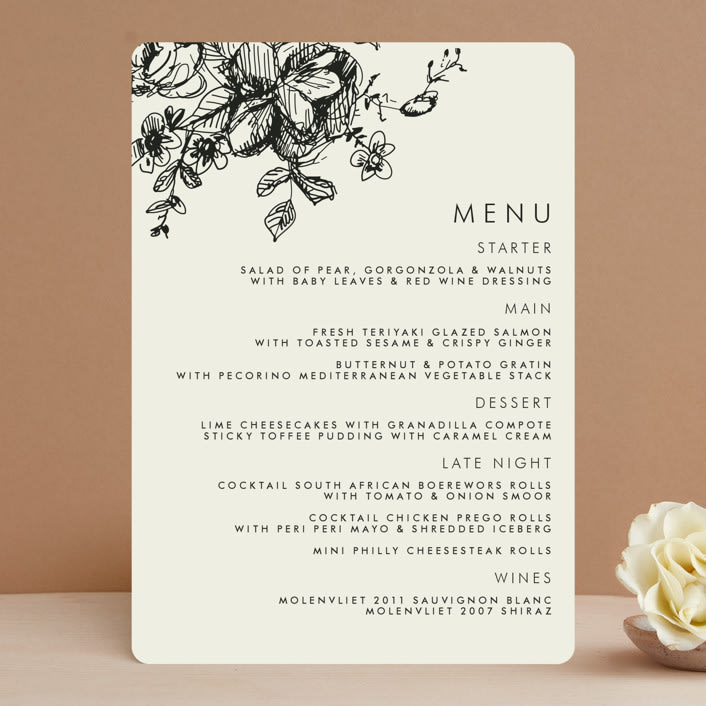 "Elegance Illustrated" - Menus in Beige by Phrosné Barwood - Front
