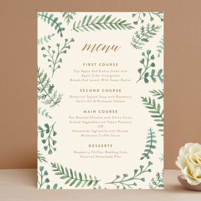 "Painted Ferns" - Menus in Cream by Amy Kross - Front