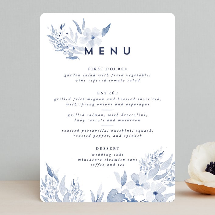 "Poetic Watercolor Flowers" - Menus in Periwinkle by Qing Ji - Front